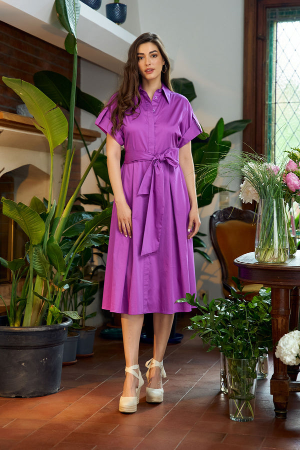 Flared midi shirt dress with wide sleeves and Rosemary cord